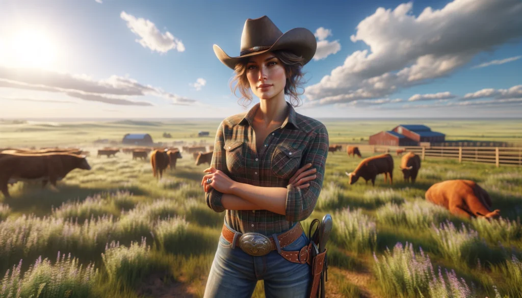 Lily Johnson A photograph wide aspect image of a female rancher in Texas standing in a vast field. She is wearing a cowboy hat, a plaid shirt, jeans, and boots 2