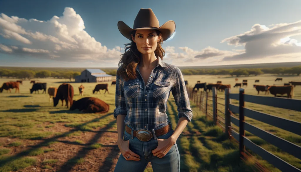 Pussycat Ranch A photograph wide aspect image of a female rancher in Texas standing in a vast field. She is wearing a cowboy hat, a plaid shirt, jeans, and boots1