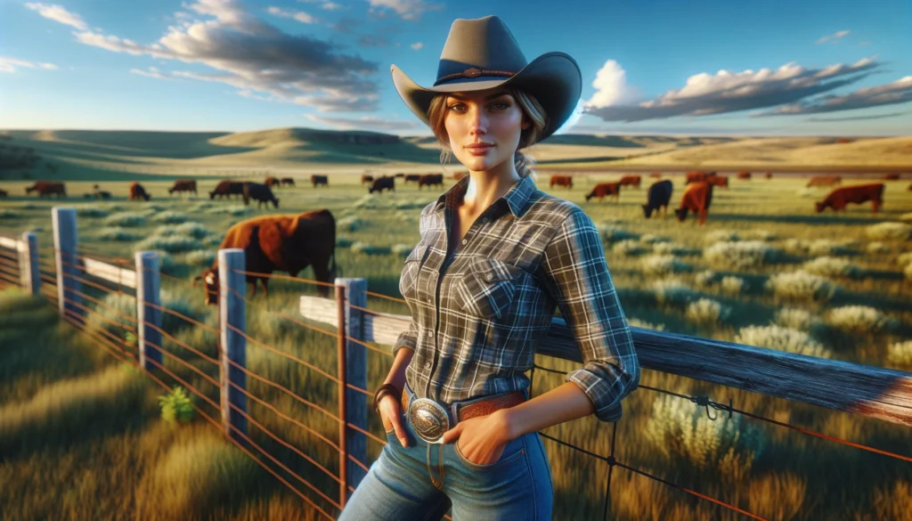 Pussycat Ranch - A photorealistic wide-aspect image of a female rancher in Texas standing in a vast field. She is wearing a cowboy hat, a plaid shirt, jeans, and boots (2)