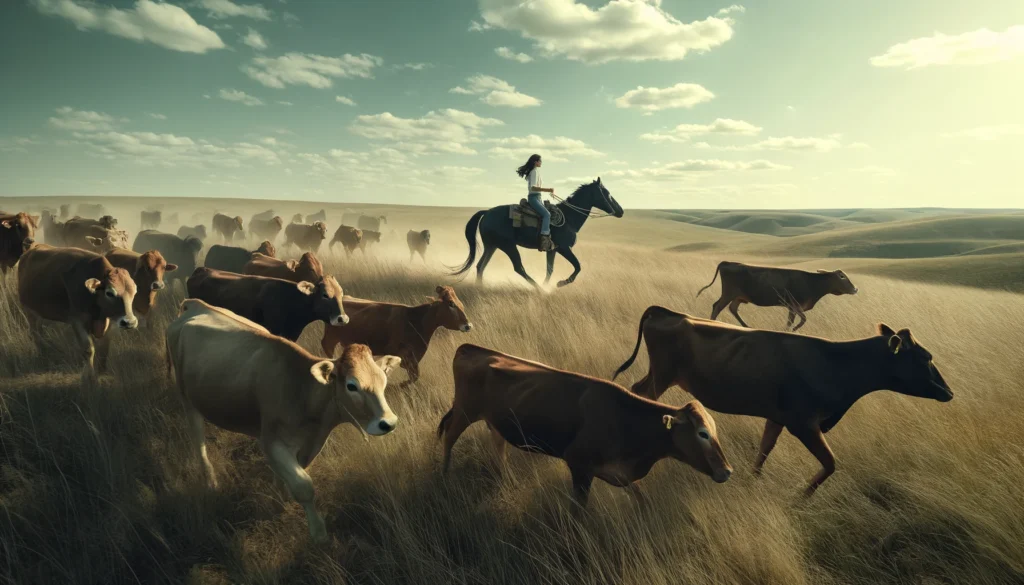 Pussycat Ranch image of a woman on horseback, guiding cattle across an open field. The scene is dynamic and authentic, capturing the mov333