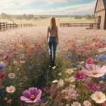 Emma Johnson A photograph wide aspect image of a woman walking through or standing in a field of wildflowers on a ranch. The colorful blossoms create a picture (2)