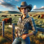 Lily Johnson A photograph wide aspect image of a female rancher in Texas standing in a vast field. She is wearing a cowboy hat, a plaid shirt, jeans, and boots