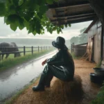 Lily Johnson A photograph wide aspect image of a woman working on a ranch in the rain. She is wearing rain gear and either working or taking a moment of respit (1)