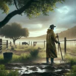 Lily Johnson A photograph wide aspect image of a woman working on a ranch in the rain. She is wearing rain gear and either working or taking a moment of respit (2)