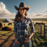 Pussycat Ranch A photograph wide aspect image of a female rancher in Texas standing in a vast field. She is wearing a cowboy hat, a plaid shirt, jeans, and boots1
