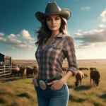 Pussycat Ranch A photograph wide aspect image of a female rancher in Texas standing in a vast field. She is wearing a cowboy hat, a plaid shirt, jeans, and boots2