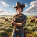 Pussycat Ranch A photorealistic wide aspect image of a female rancher in Texas standing in a vast field. She is wearing a cowboy hat, a plaid shirt, jeans, and boots (1)