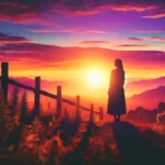 Pussycat Ranch A realistic wide aspect image of a woman standing on a hill or near a fence with the sun setting behind her, creating a beautiful silhouette agai1