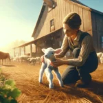 Pussycat Ranch image of a woman caring for a newborn calf or lamb on a ranch. The scene is tender, highlighting the nurturing side of ra212121