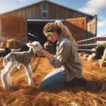 Pussycat Ranch image of a woman caring for a newborn calf or lamb on a ranch. The scene is tender, highlighting the nurturing side of ra222222