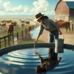 Pussycat Ranch image of a woman checking or filling water troughs for animals on a ranch. The reflections in the water add depth to the 202020