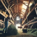 Pussycat Ranch image of a woman inside a barn, stacking hay, tending to animals, or repairing equipment. The barn is rustic with wooden 777
