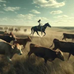 Pussycat Ranch image of a woman on horseback, guiding cattle across an open field. The scene is dynamic and authentic, capturing the mov333