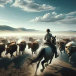 Pussycat Ranch image of a woman on horseback, guiding cattle across an open field. The scene is dynamic and authentic, capturing the mov444