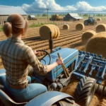 Pussycat Ranch image of a woman operating a tractor on a ranch, either plowing a field or transporting hay bales. The scene demonstrates232323