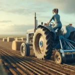 Pussycat Ranch image of a woman operating a tractor on a ranch, either plowing a field or transporting hay bales. The scene demonstrates242424