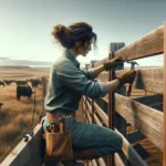 Pussycat Ranch image of a woman repairing a fence or gate on a ranch. She is using tools to fix the fence, showcasing her hands on skill151515