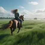 Pussycat Ranch image of a woman riding a horse through a wide open pasture. The scene is dynamic, with the wind in her hair and a sense 131313