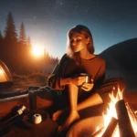 Pussycat Ranch image of a woman sitting by a campfire in the evening, perhaps with a cup of coffee or roasting marshmallows. The warm gl101010