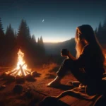 Pussycat Ranch image of a woman sitting by a campfire in the evening, perhaps with a cup of coffee or roasting marshmallows. The warm gl999