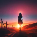 Pussycat Ranch image of a woman standing on a hill or near a fence with the sun setting behind her, creating a beautiful silhouette agai222