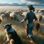 Pussycat Ranch image of a woman working alongside a herding dog, guiding cattle or sheep on a ranch. The interaction between her and the181818