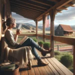 Sarah Johnson A photograph wide aspect image of a woman on the porch of a ranch house, perhaps drinking coffee or reading, with the ranch landscape in the backg (2)